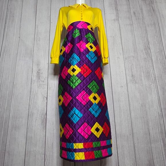 VTG Mr Jac JR by Martin Marks Groovy Maxi Dress - Dagger Collar & Quilted Skirt - Picture 5 of 11